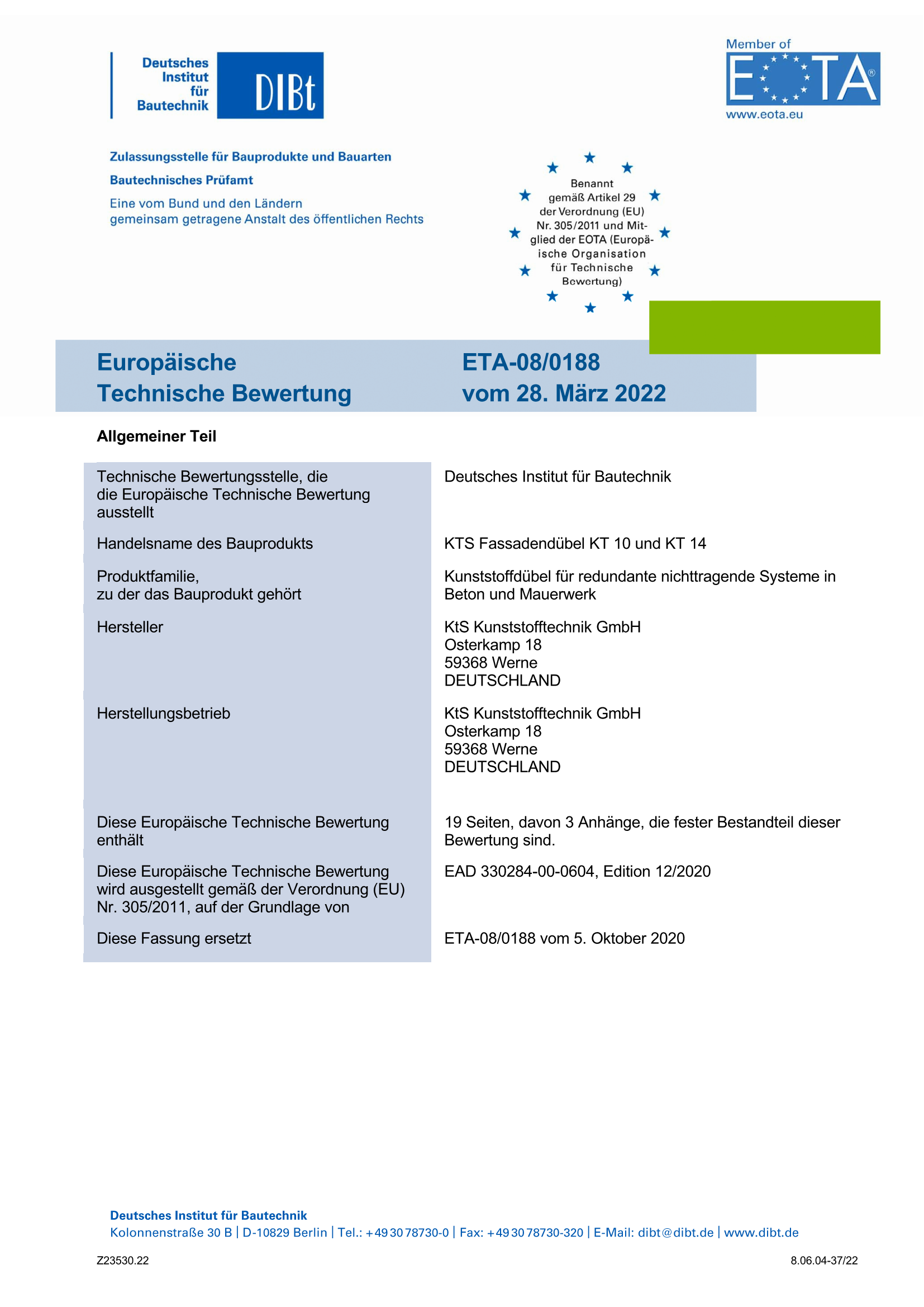 ETA 08 0188 deutsch 28.03.2022 DIBT Zulassung
